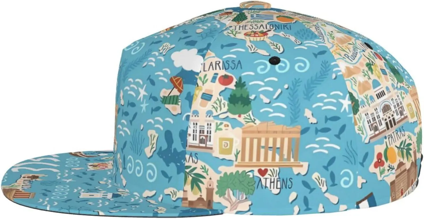 Greece Map Printed Baseball Cap, Flat Brim Hats for Men Women, Funny Adjustable Snapback Hats