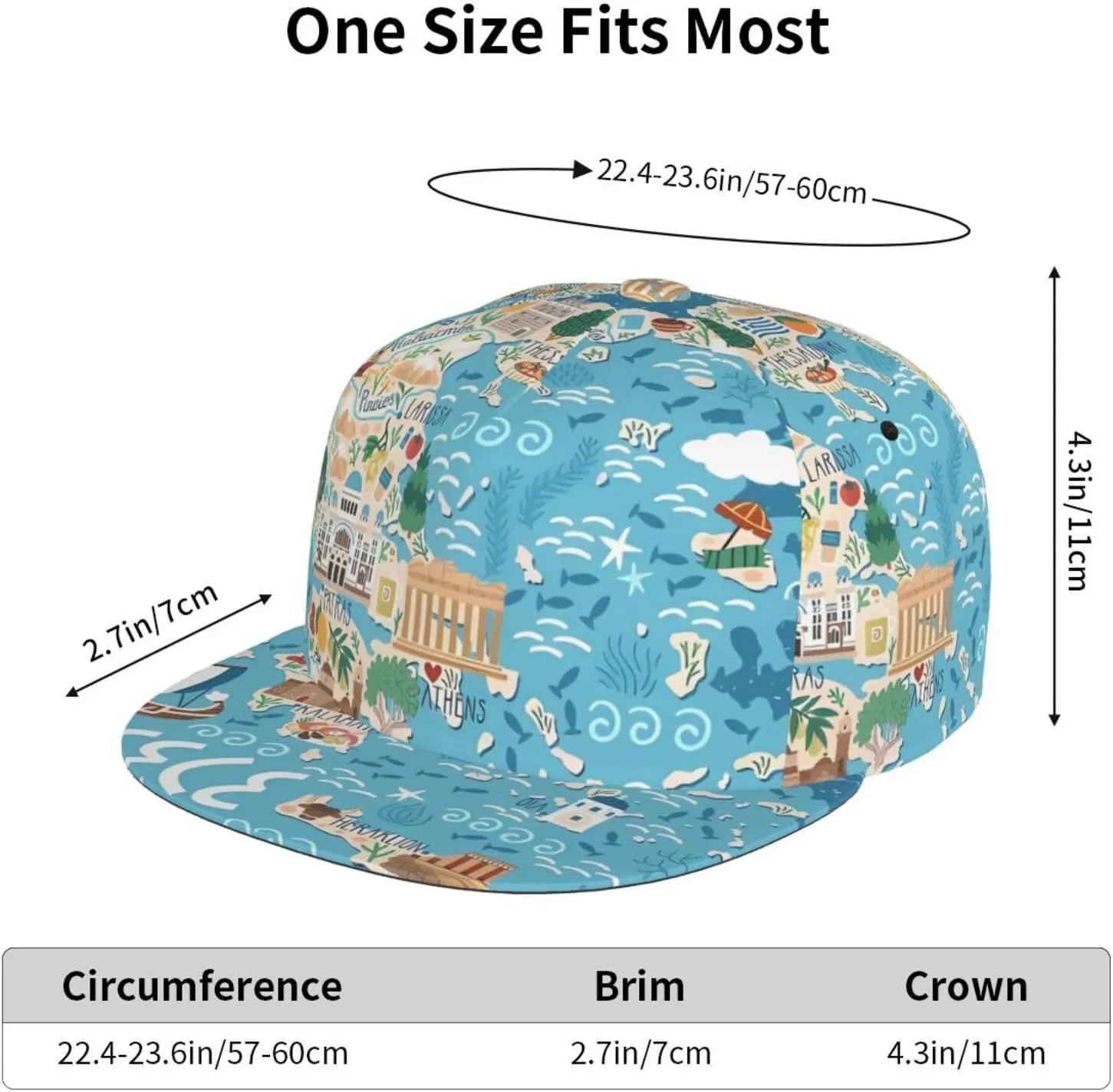 Greece Map Printed Baseball Cap, Flat Brim Hats for Men Women, Funny Adjustable Snapback Hats
