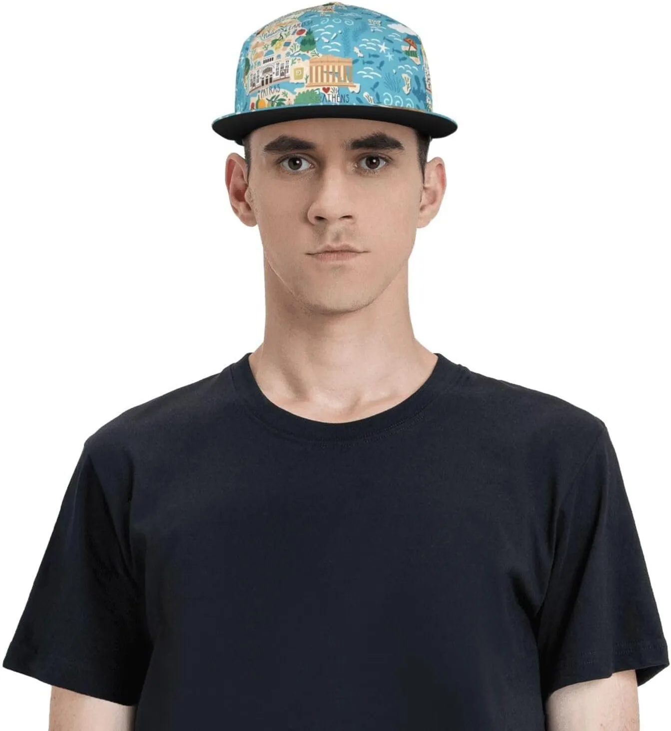 Greece Map Printed Baseball Cap, Flat Brim Hats for Men Women, Funny Adjustable Snapback Hats