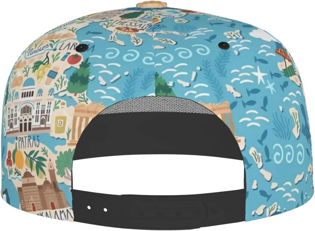 Greece Map Printed Baseball Cap, Flat Brim Hats for Men Women, Funny Adjustable Snapback Hats