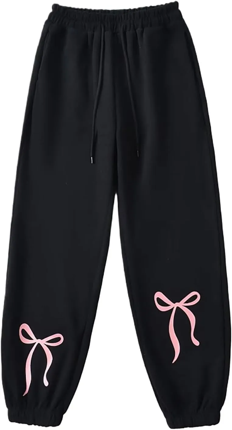 Gumipy Jogger Sweatpants Women Trendy Bow Printed Jogger Pants with Pockets Drawstring High Waisted Straight Leg Sweat Pants