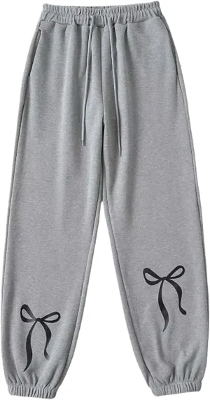 Gumipy Jogger Sweatpants Women Trendy Bow Printed Jogger Pants with Pockets Drawstring High Waisted Straight Leg Sweat Pants