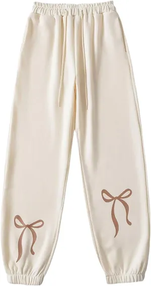 Gumipy Jogger Sweatpants Women Trendy Bow Printed Jogger Pants with Pockets Drawstring High Waisted Straight Leg Sweat Pants