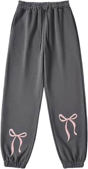 Gumipy Jogger Sweatpants Women Trendy Bow Printed Jogger Pants with Pockets Drawstring High Waisted Straight Leg Sweat Pants