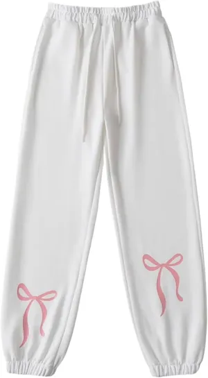 Gumipy Jogger Sweatpants Women Trendy Bow Printed Jogger Pants with Pockets Drawstring High Waisted Straight Leg Sweat Pants