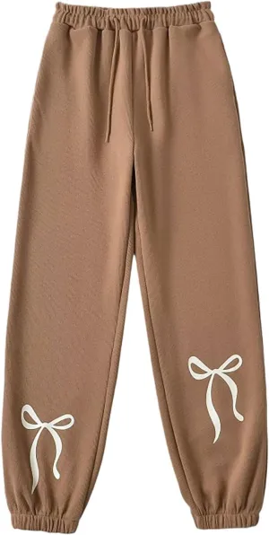 Gumipy Jogger Sweatpants Women Trendy Bow Printed Jogger Pants with Pockets Drawstring High Waisted Straight Leg Sweat Pants