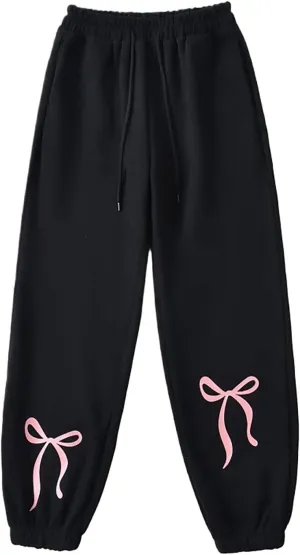 Gumipy Jogger Sweatpants Women Trendy Bow Printed Jogger Pants with Pockets Drawstring High Waisted Straight Leg Sweat Pants