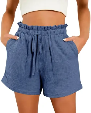 High Waisted Shorts for Women Trendy Summer Ruffle Shorts Drawstring Elastic Waist Flowy Shorts Casual Bermuda Shorts