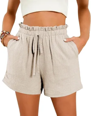 High Waisted Shorts for Women Trendy Summer Ruffle Shorts Drawstring Elastic Waist Flowy Shorts Casual Bermuda Shorts