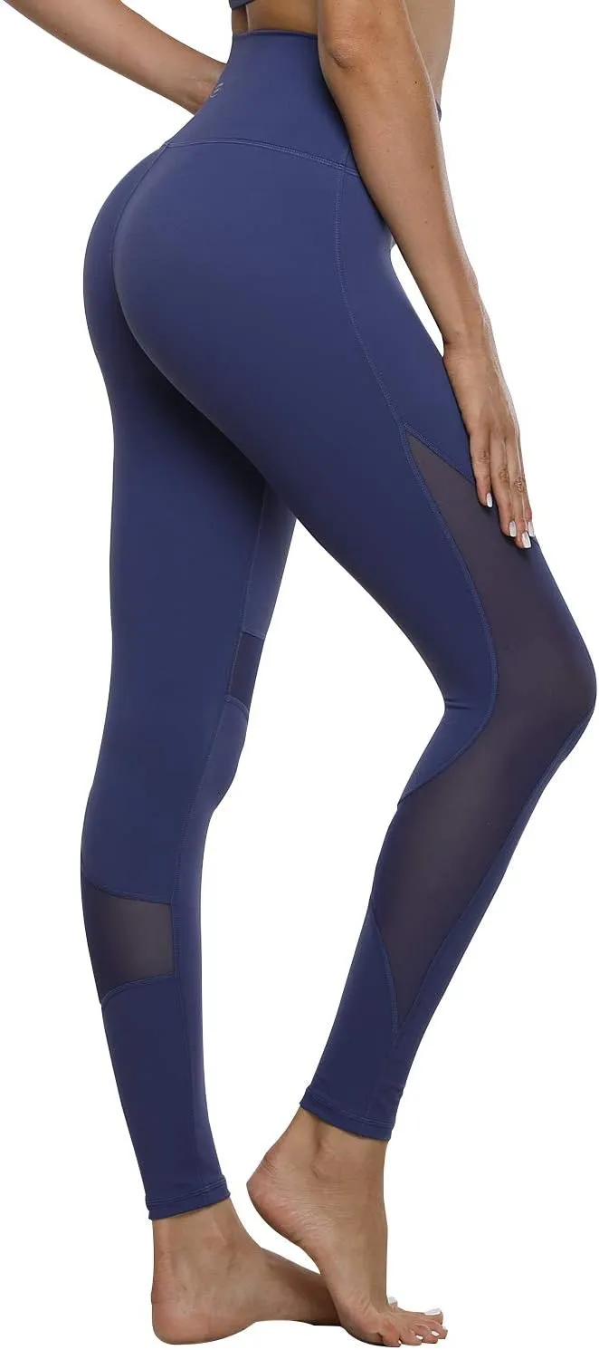Hopgo Women's High Waist Yoga Pants Mesh Tummy Control Workout Leggings Running 4 Way Stretch Sports Tights