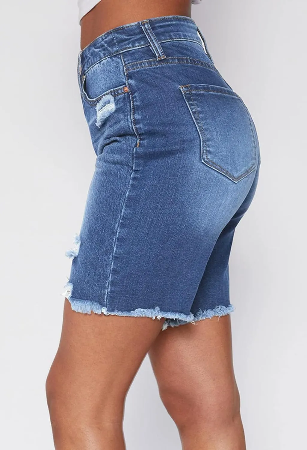 HUUSA Women's High Waist Ripped Denim Shorts Frayed Hem Destroyed Mid Thigh Short Jeans Casual Bermuda Shorts with Pocket