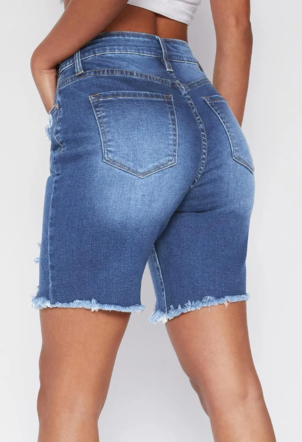 HUUSA Women's High Waist Ripped Denim Shorts Frayed Hem Destroyed Mid Thigh Short Jeans Casual Bermuda Shorts with Pocket
