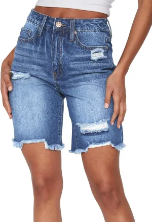 HUUSA Women's High Waist Ripped Denim Shorts Frayed Hem Destroyed Mid Thigh Short Jeans Casual Bermuda Shorts with Pocket