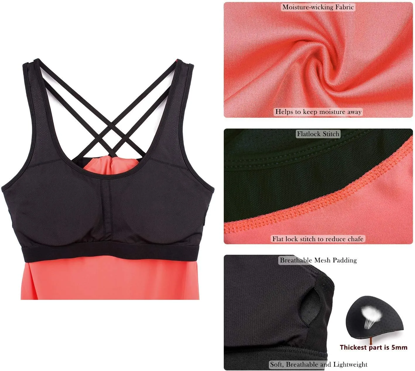 icyzone Women's Activewear Workout Yoga Spaghetti Strap Racerback Tank Top with Built in Bra