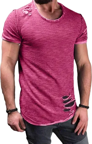 JEsilunmaMY Men's Casual Distressed Ripped T-Shirts Short Sleeve Crewneck Hip Hop Hole Tees Solid Color Workout Gym Shirts