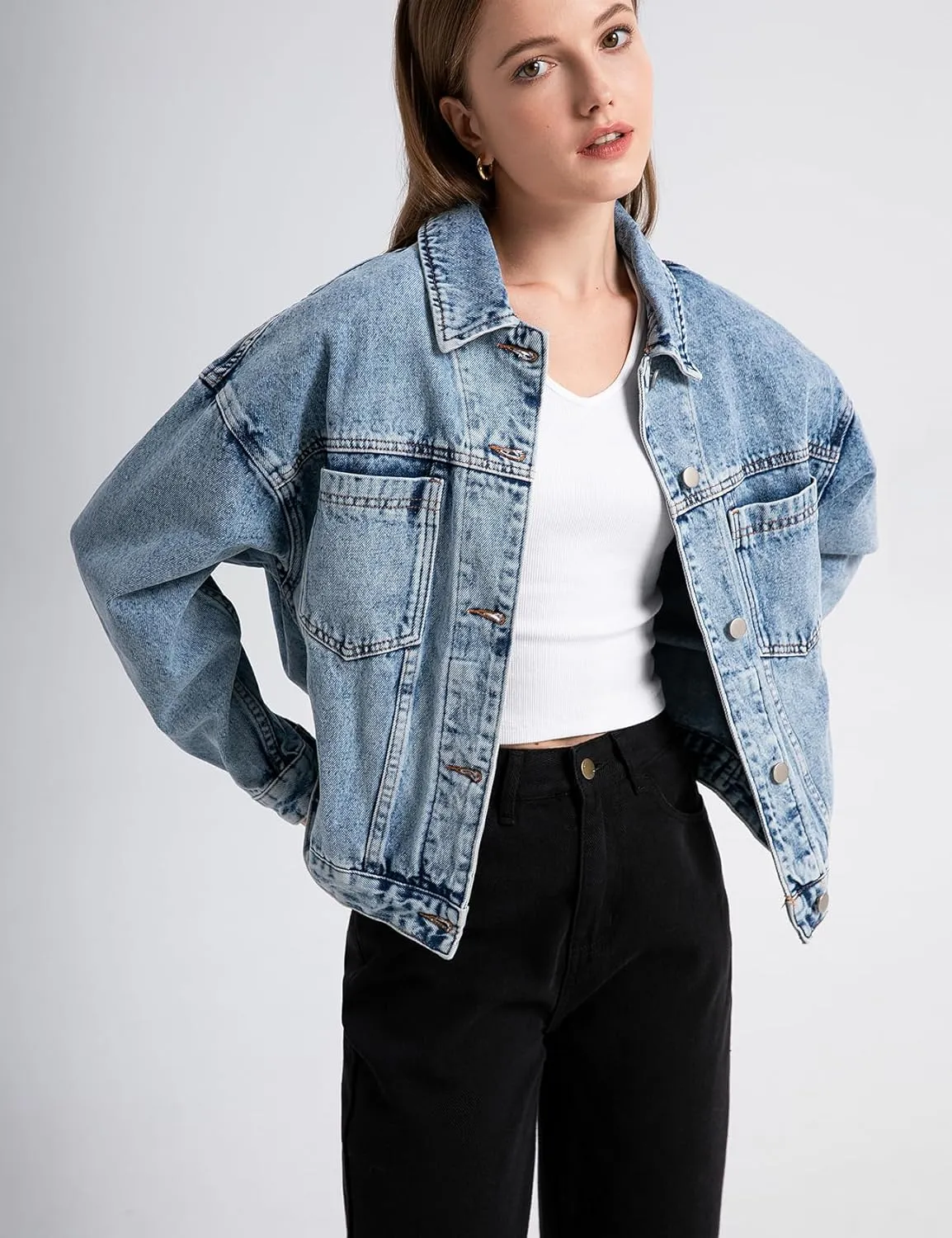 Kedera Women's Blue Jean Jacket Oversized Distressed Button Down Denim Jacket Vintage Long Sleeve Soft Boyfriend Coat