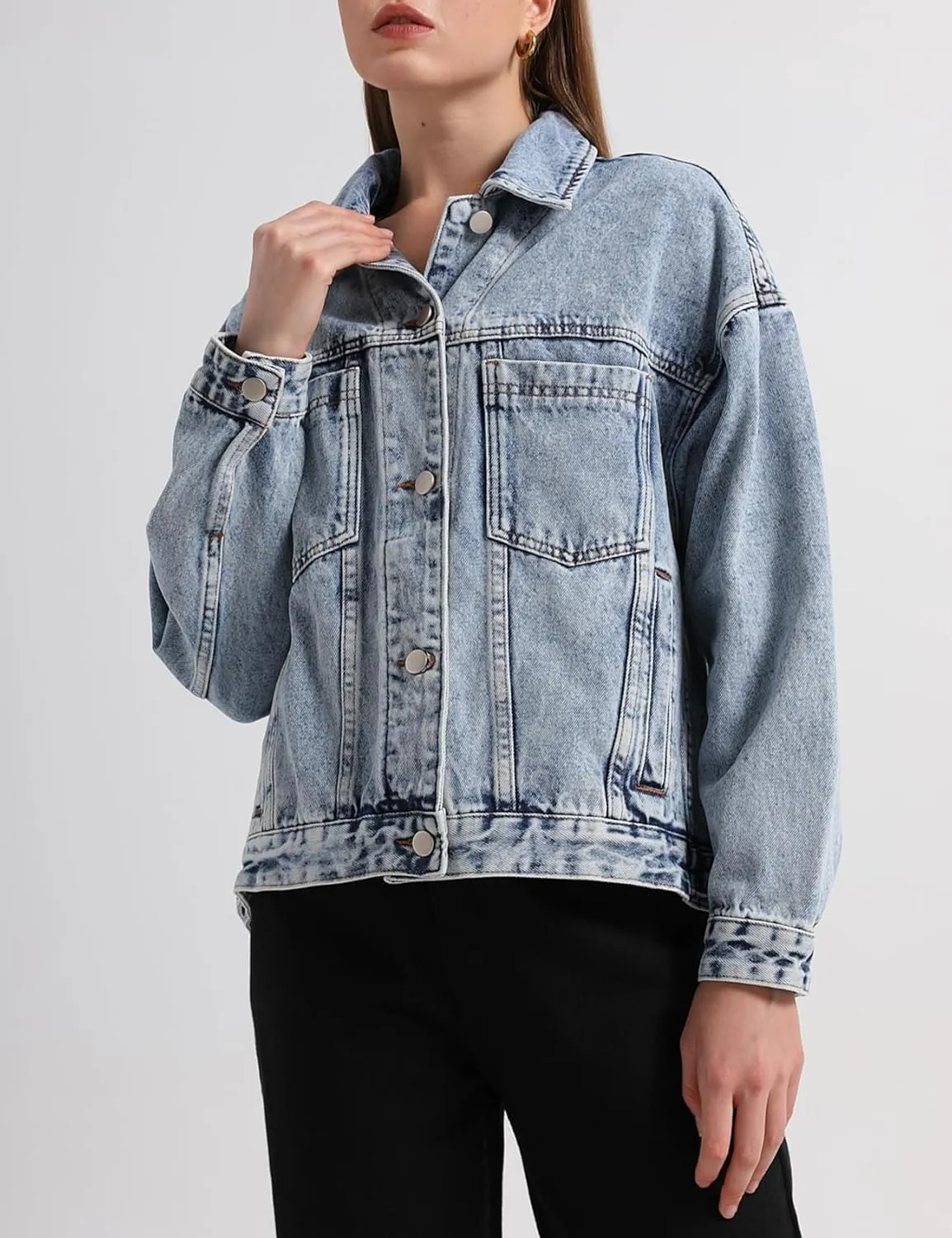 Kedera Women's Blue Jean Jacket Oversized Distressed Button Down Denim Jacket Vintage Long Sleeve Soft Boyfriend Coat