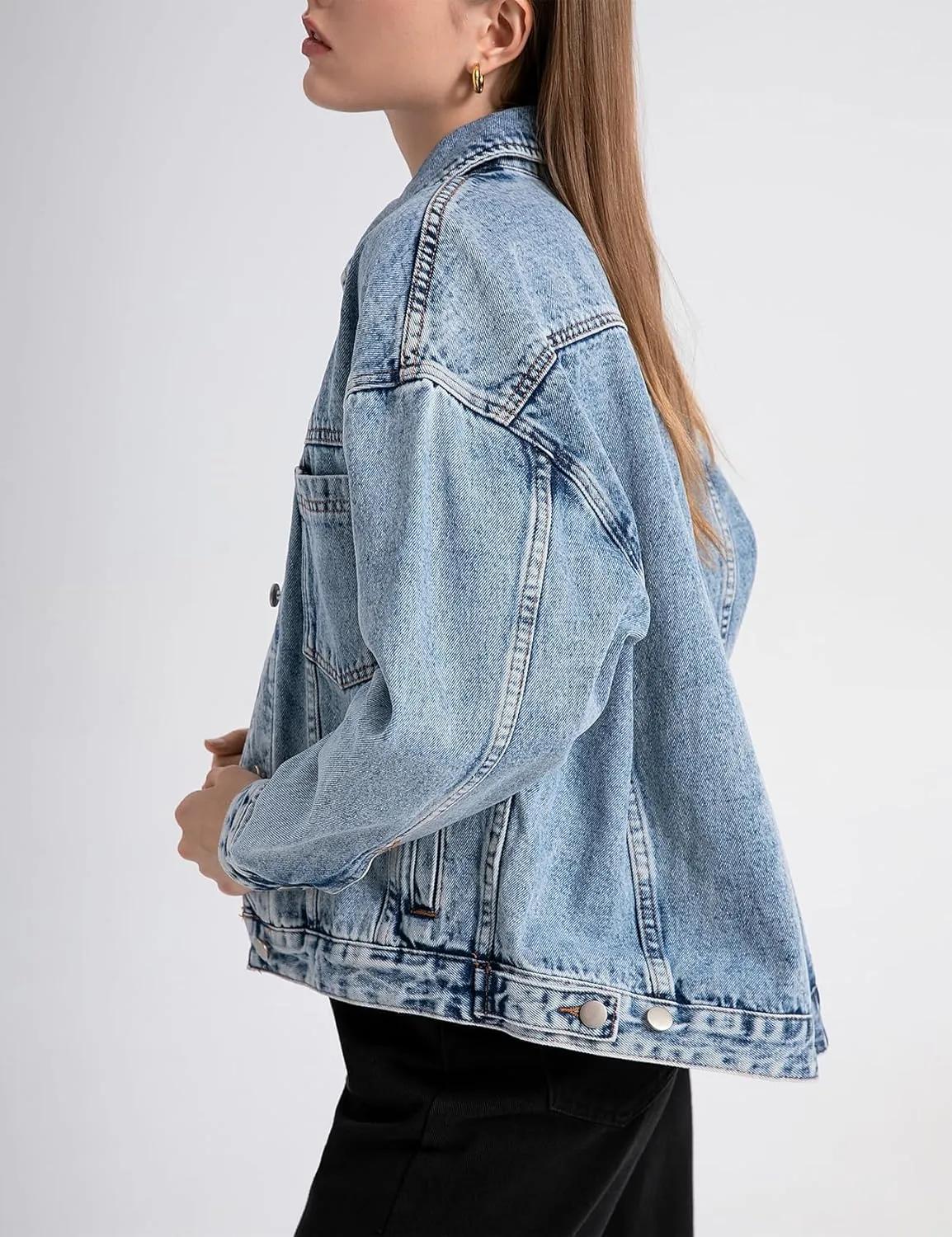 Kedera Women's Blue Jean Jacket Oversized Distressed Button Down Denim Jacket Vintage Long Sleeve Soft Boyfriend Coat