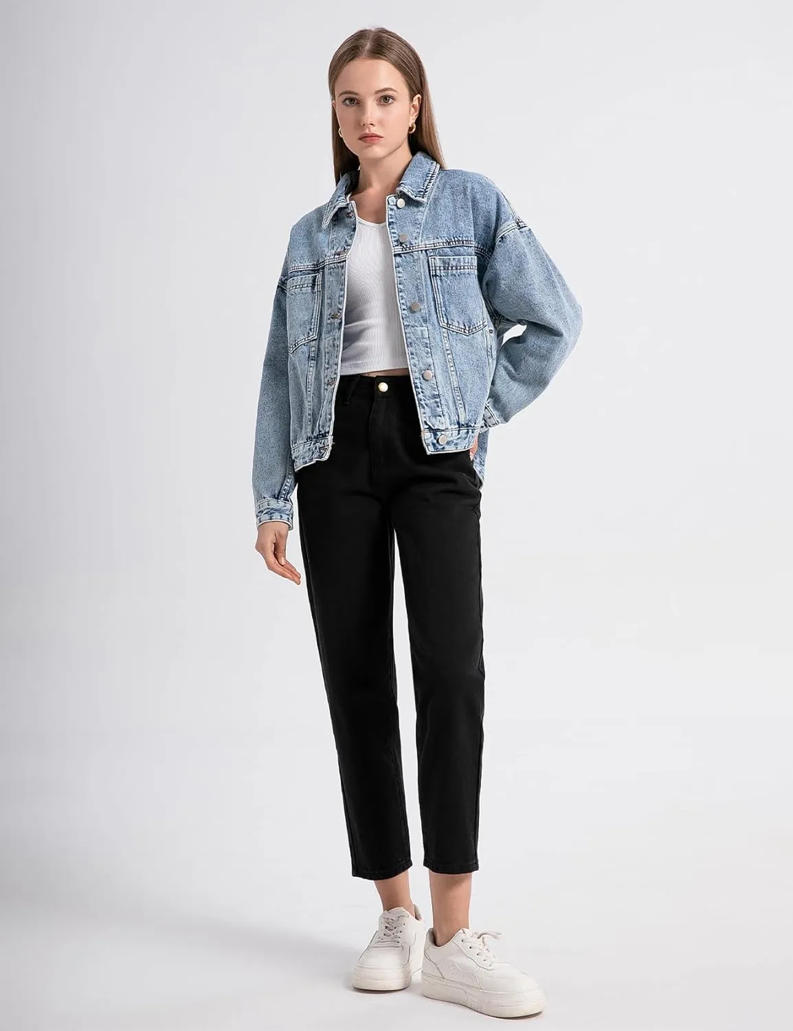 Kedera Women's Blue Jean Jacket Oversized Distressed Button Down Denim Jacket Vintage Long Sleeve Soft Boyfriend Coat