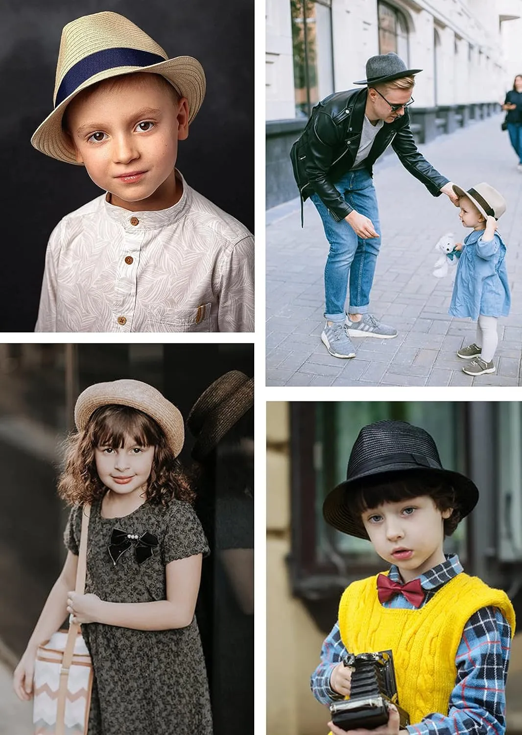 Kids Girls Boys Straw Fedora Hat Summer Short Brim Panama Cap Beach Sun Hats (Fit 4-8T)