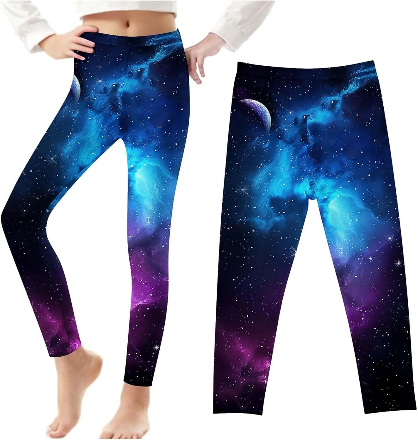Kids Purple Galaxy Print Leggings Stretchy Comfortable Activewear for Girls Elastic Waistband