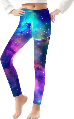 Kids Purple Galaxy Print Leggings Stretchy Comfortable Activewear for Girls Elastic Waistband