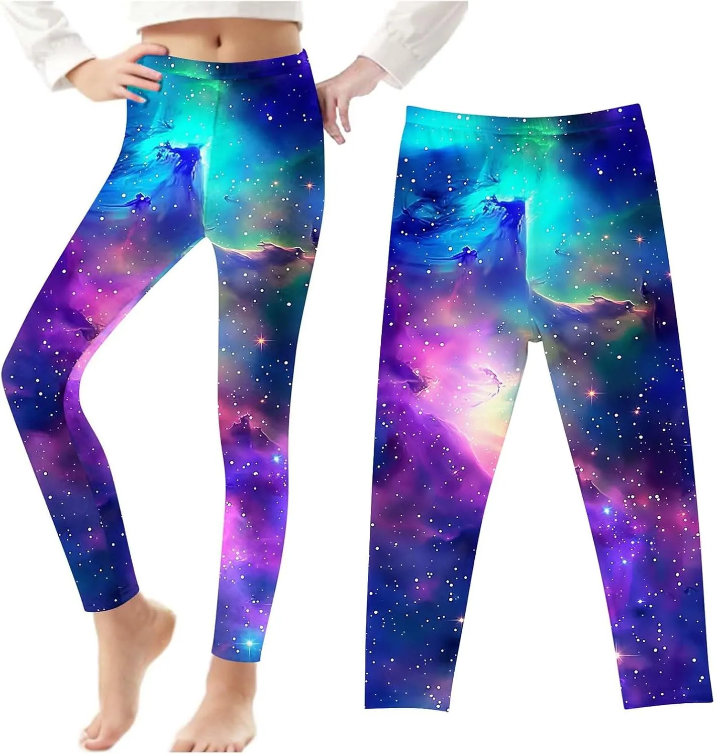Kids Purple Galaxy Print Leggings Stretchy Comfortable Activewear for Girls Elastic Waistband