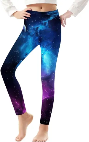 Kids Purple Galaxy Print Leggings Stretchy Comfortable Activewear for Girls Elastic Waistband