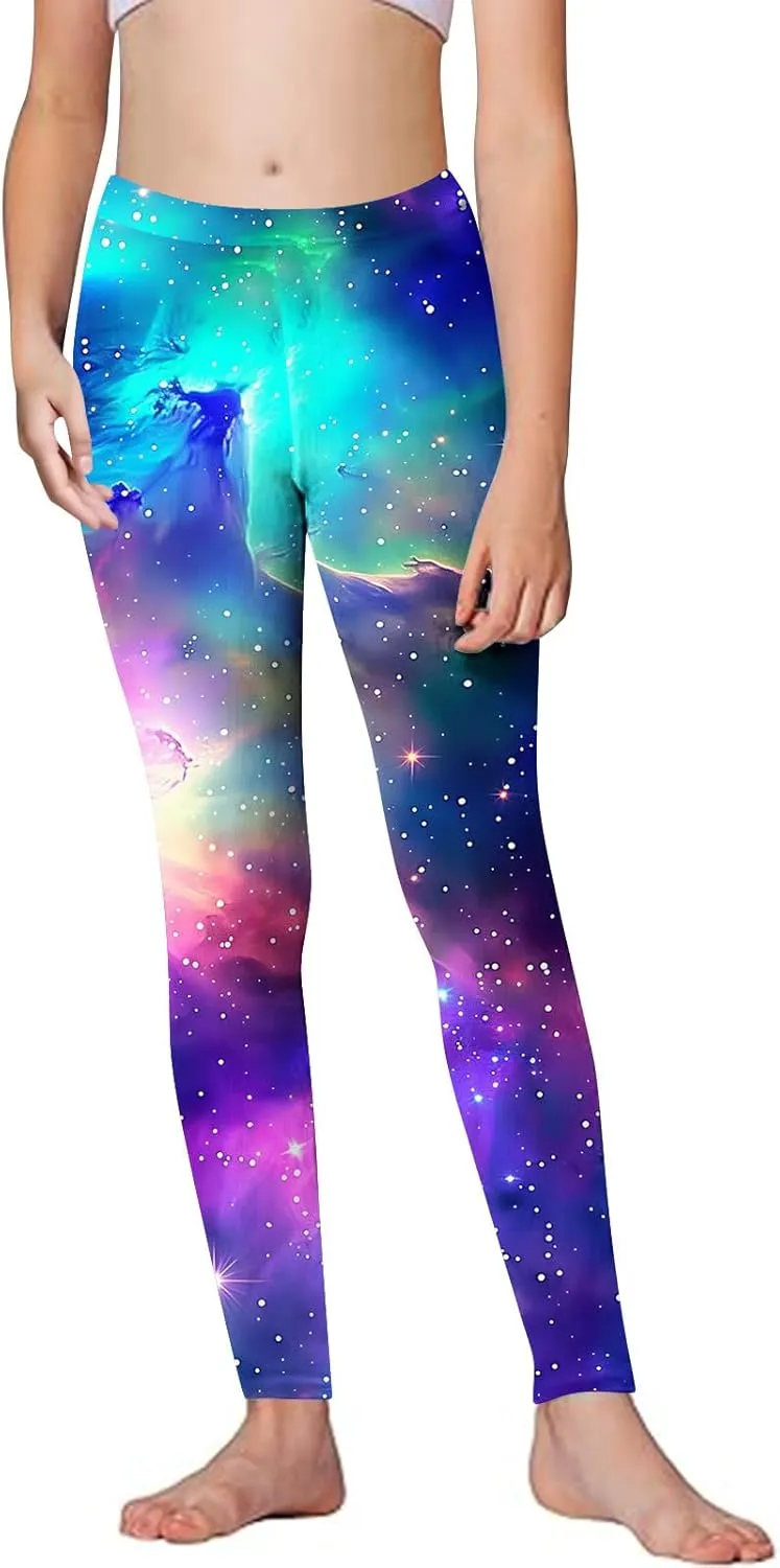 Kids Purple Galaxy Print Leggings Stretchy Comfortable Activewear for Girls Elastic Waistband