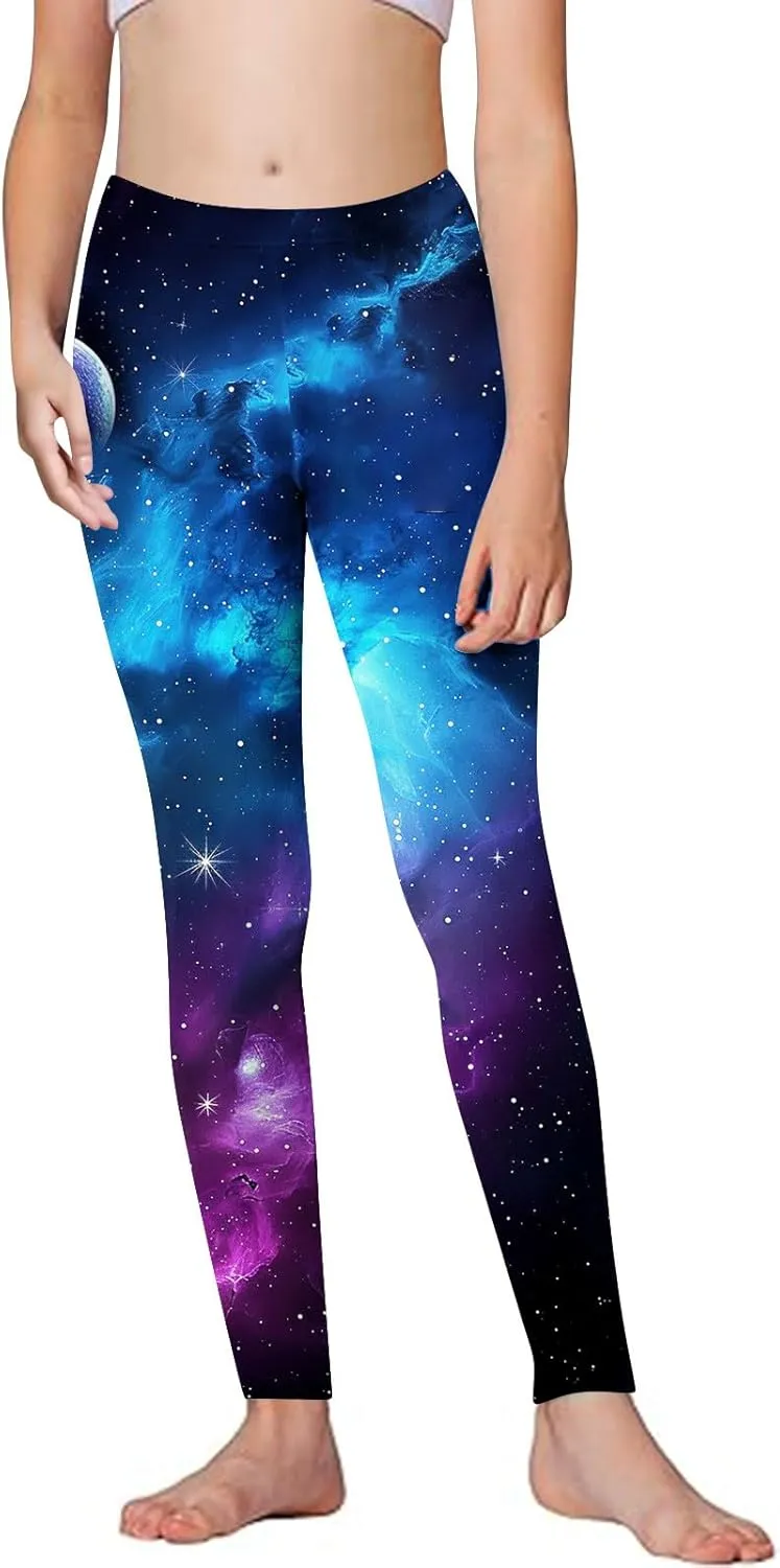 Kids Purple Galaxy Print Leggings Stretchy Comfortable Activewear for Girls Elastic Waistband