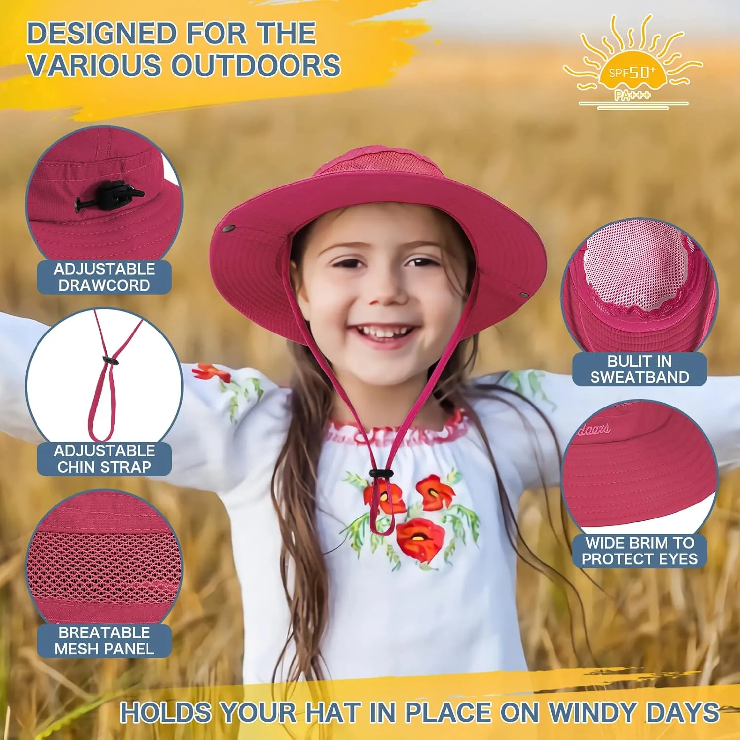 Kids Sun Hat UPF 50  Sun Protective Bucket Hat for Kids Boys Girls Wide Brim Summer Beach Fishing Safari Adjustable Hat