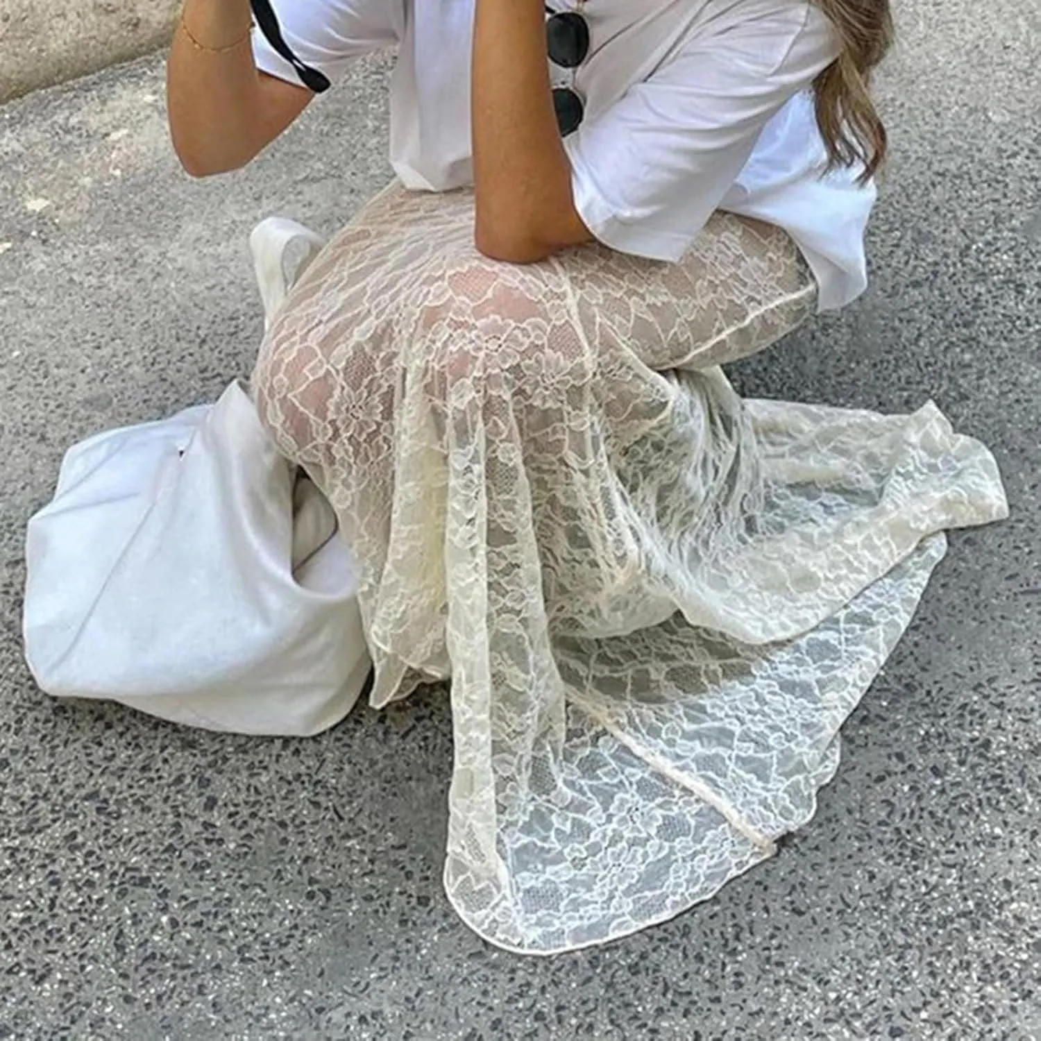 KMBANGI Women’s Mesh Lace Long Skirt Asymmetrical Layered Ruffle Maxi Skirts Flowy Y2k See Through Midi Skirt Summer