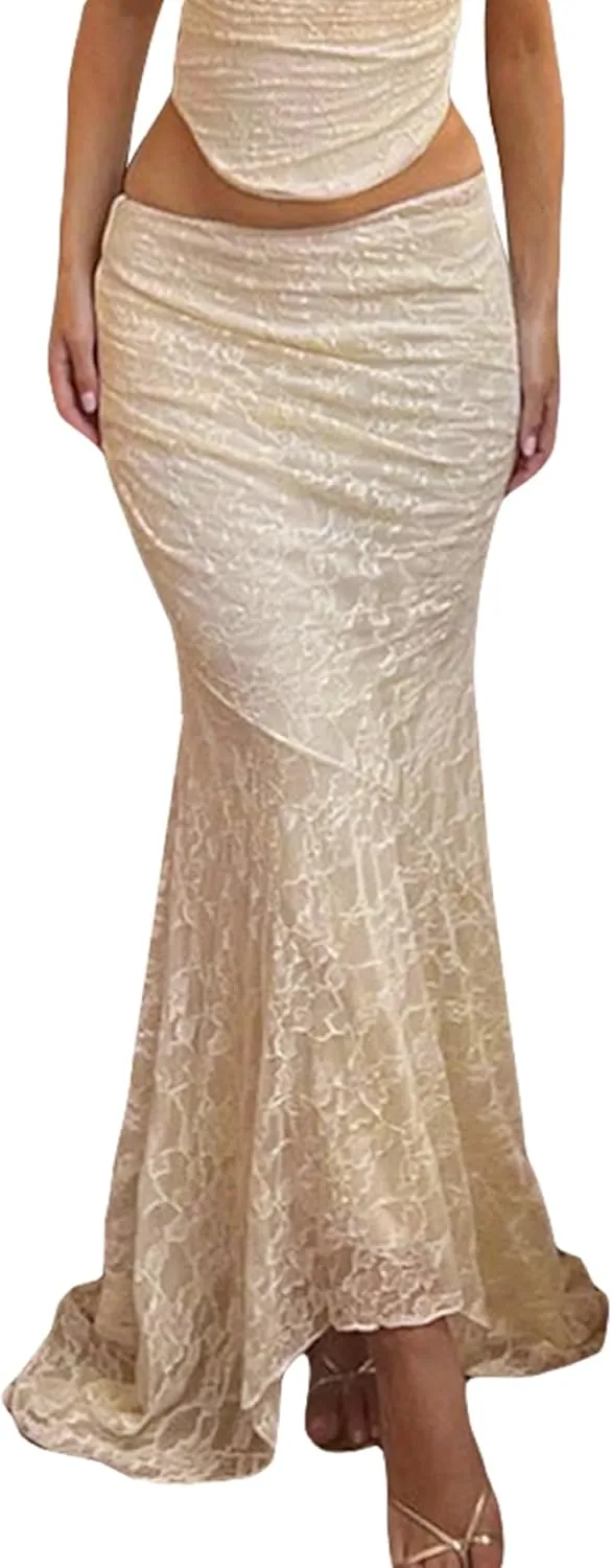 KMBANGI Women’s Mesh Lace Long Skirt Asymmetrical Layered Ruffle Maxi Skirts Flowy Y2k See Through Midi Skirt Summer
