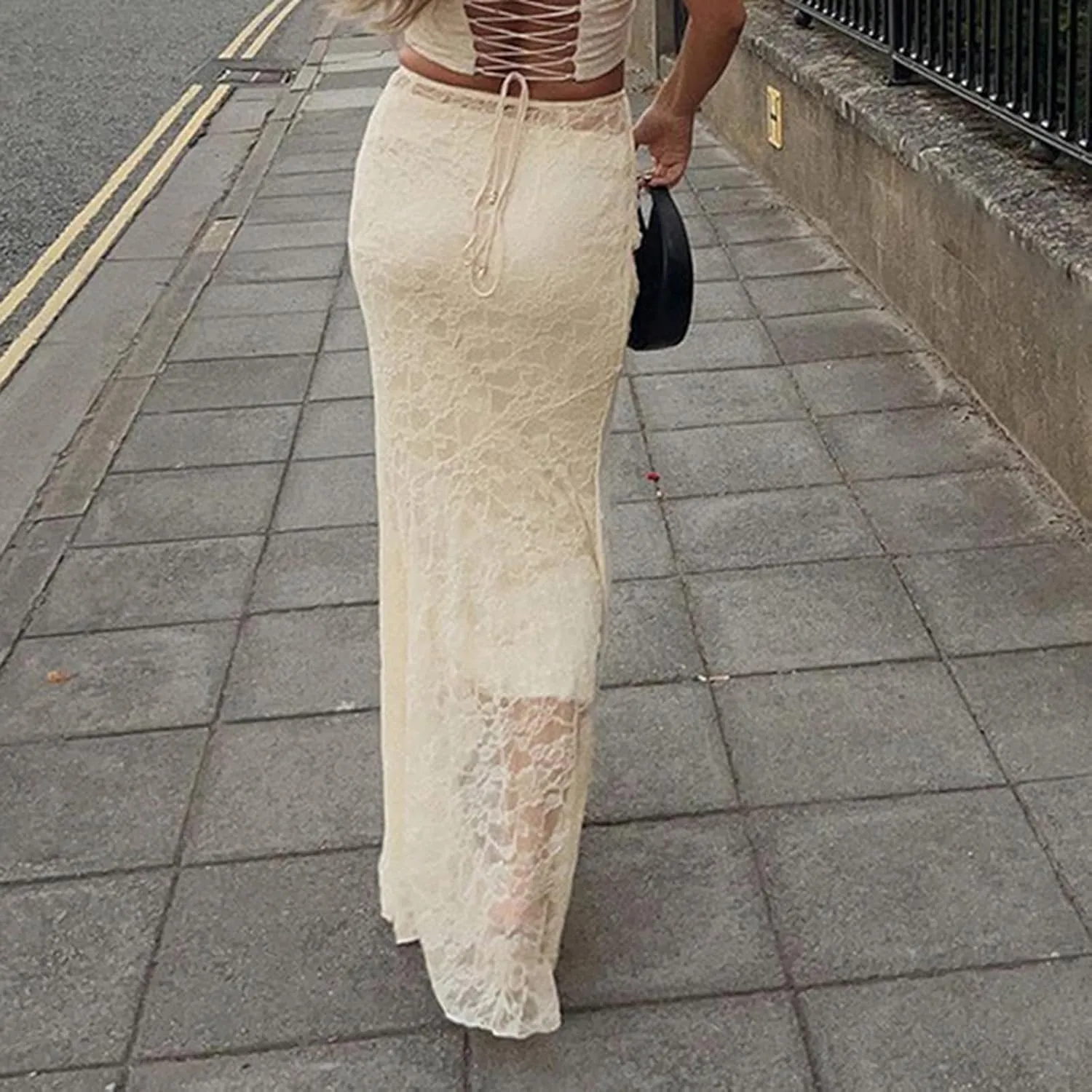 KMBANGI Women’s Mesh Lace Long Skirt Asymmetrical Layered Ruffle Maxi Skirts Flowy Y2k See Through Midi Skirt Summer