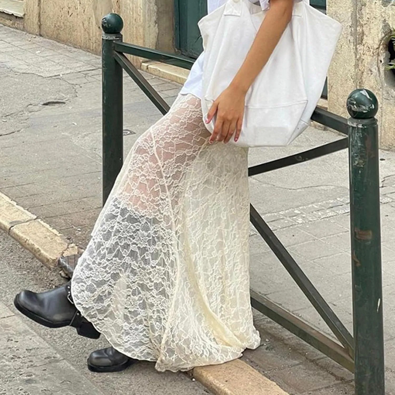 KMBANGI Women’s Mesh Lace Long Skirt Asymmetrical Layered Ruffle Maxi Skirts Flowy Y2k See Through Midi Skirt Summer
