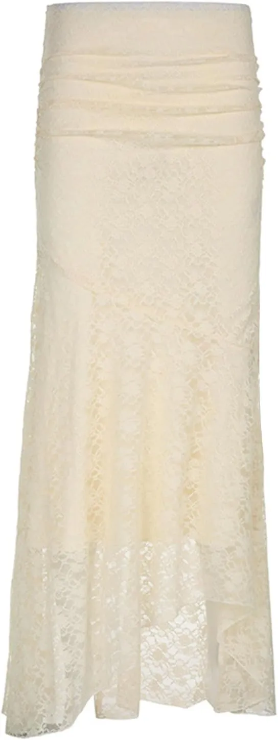 KMBANGI Women’s Mesh Lace Long Skirt Asymmetrical Layered Ruffle Maxi Skirts Flowy Y2k See Through Midi Skirt Summer