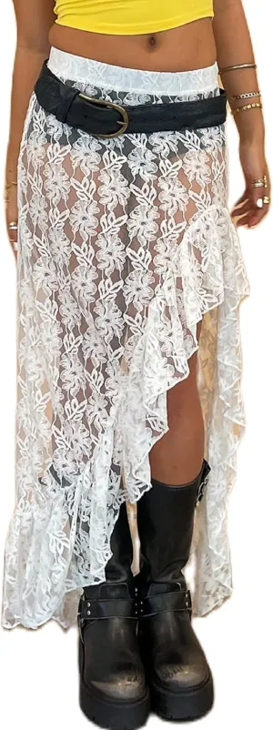 KMBANGI Women’s Mesh Lace Long Skirt Asymmetrical Layered Ruffle Maxi Skirts Flowy Y2k See Through Midi Skirt Summer