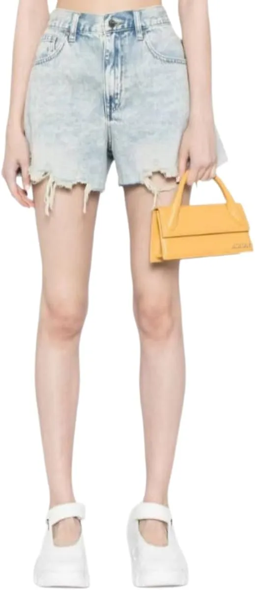 Lachmose Denim Shorts for Women Summer High Waisted Stretchy Frayed Raw Hem Jean Shorts