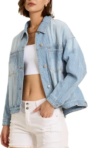 Ladyful Women's Jean Jacket Oversized Button Down Long Sleeve Distressed Denim Jacket Vintage Trucker Coat with Pockets