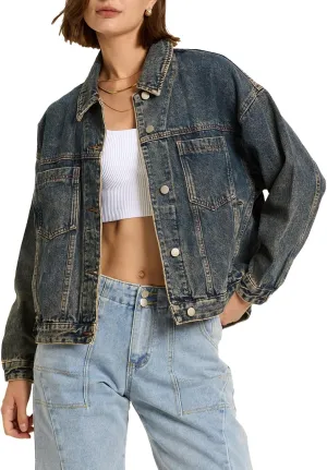 Ladyful Women's Jean Jacket Oversized Button Down Long Sleeve Distressed Denim Jacket Vintage Trucker Coat with Pockets