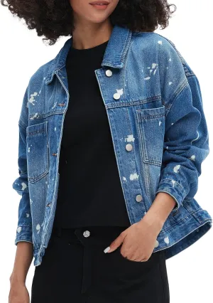 Ladyful Women's Jean Jacket Oversized Button Down Long Sleeve Distressed Denim Jacket Vintage Trucker Coat with Pockets