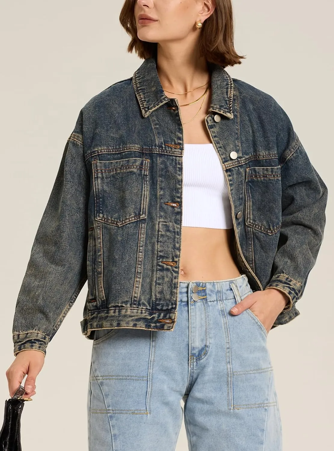 Ladyful Women's Jean Jacket Oversized Button Down Long Sleeve Distressed Denim Jacket Vintage Trucker Coat with Pockets