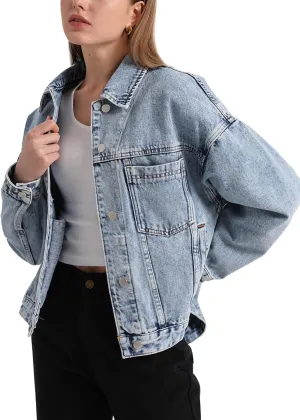 Ladyful Women's Jean Jacket Oversized Button Down Long Sleeve Distressed Denim Jacket Vintage Trucker Coat with Pockets
