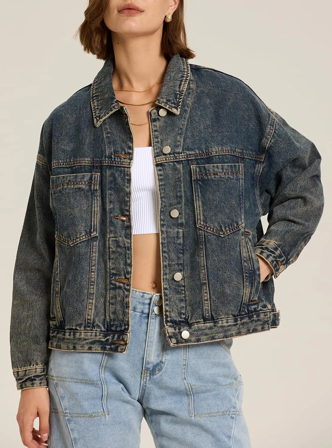 Ladyful Women's Jean Jacket Oversized Button Down Long Sleeve Distressed Denim Jacket Vintage Trucker Coat with Pockets