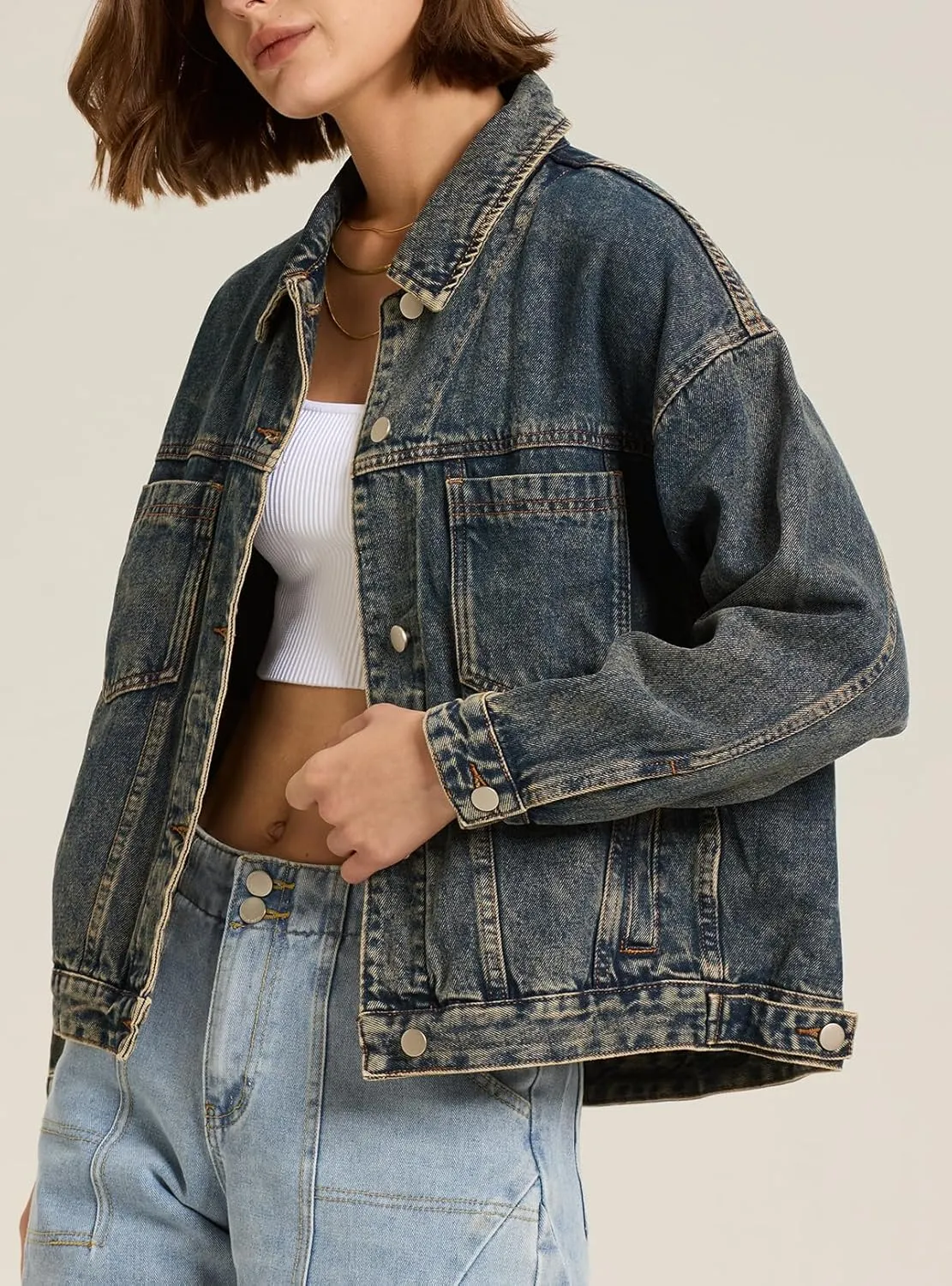 Ladyful Women's Jean Jacket Oversized Button Down Long Sleeve Distressed Denim Jacket Vintage Trucker Coat with Pockets