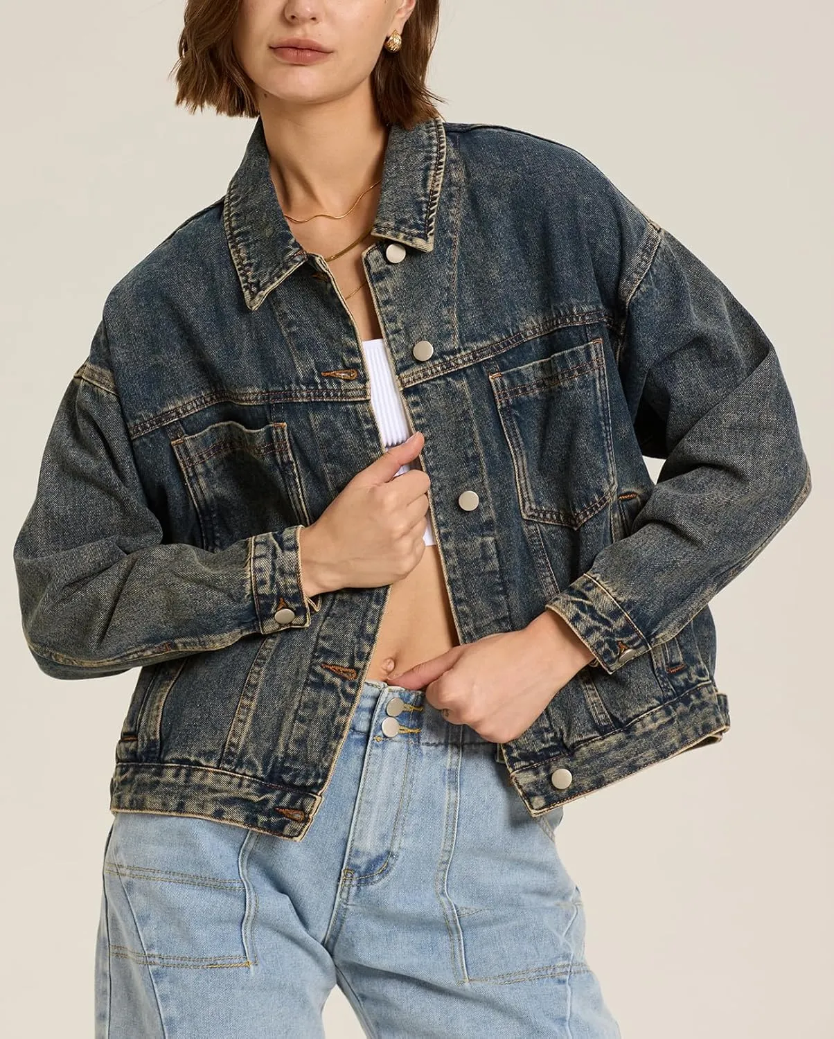 Ladyful Women's Jean Jacket Oversized Button Down Long Sleeve Distressed Denim Jacket Vintage Trucker Coat with Pockets