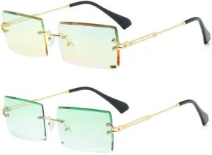 LASPOR 2 Pack Rectangle Rimless Sunglasses for Men Women Vintage Retro Square Gold Metal Frameless Glasses Tinted Lens