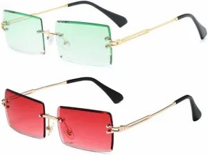 LASPOR 2 Pack Rectangle Rimless Sunglasses for Men Women Vintage Retro Square Gold Metal Frameless Glasses Tinted Lens
