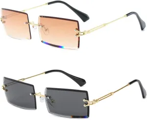 LASPOR 2 Pack Rectangle Rimless Sunglasses for Men Women Vintage Retro Square Gold Metal Frameless Glasses Tinted Lens