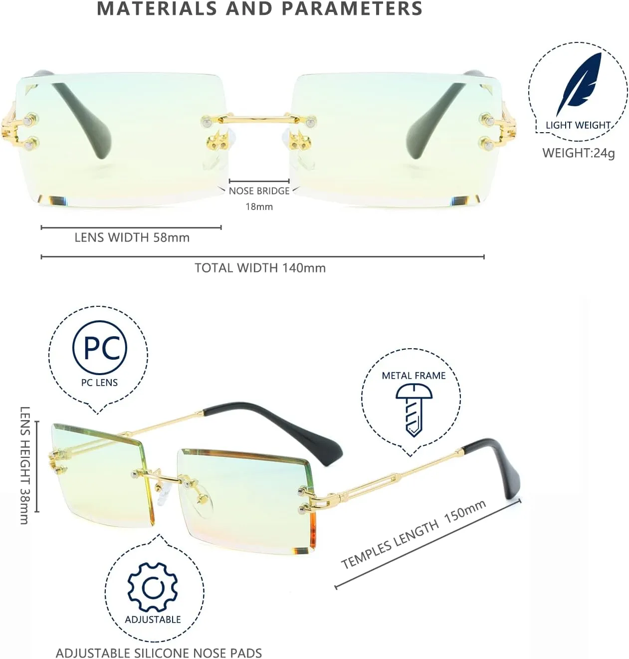 LASPOR 2 Pack Rectangle Rimless Sunglasses for Men Women Vintage Retro Square Gold Metal Frameless Glasses Tinted Lens